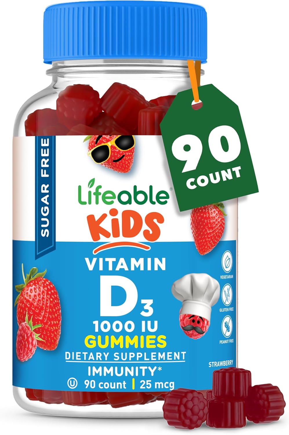 Lifeable Sugar Free Vitamin D for Kids 1000 IU - Great Tasting Natural Flavour Gummy Supplement - Gluten-Free Vegetarian Chewable - for Strong and Healthy Bones, for Children, Teen, Toddler, 90 Gummies - görsel 1
