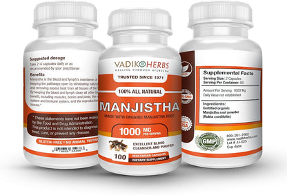 Vadik Herbs Pure Wild Harvested Manjistha (Rubia cordifolia, Indian Madder) - 100 Vegicaps - Made in USA - Safety Tested - Non-GMO, Vegan