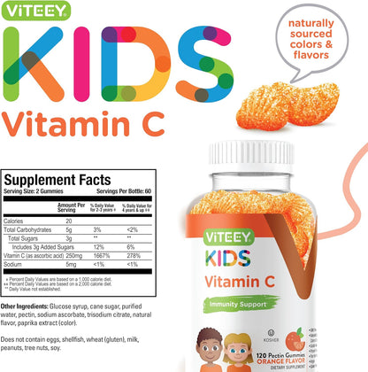 Viteey Kids Vitamin C Gummies – Chewable Orange Flavoured Immune Support, 120 Count