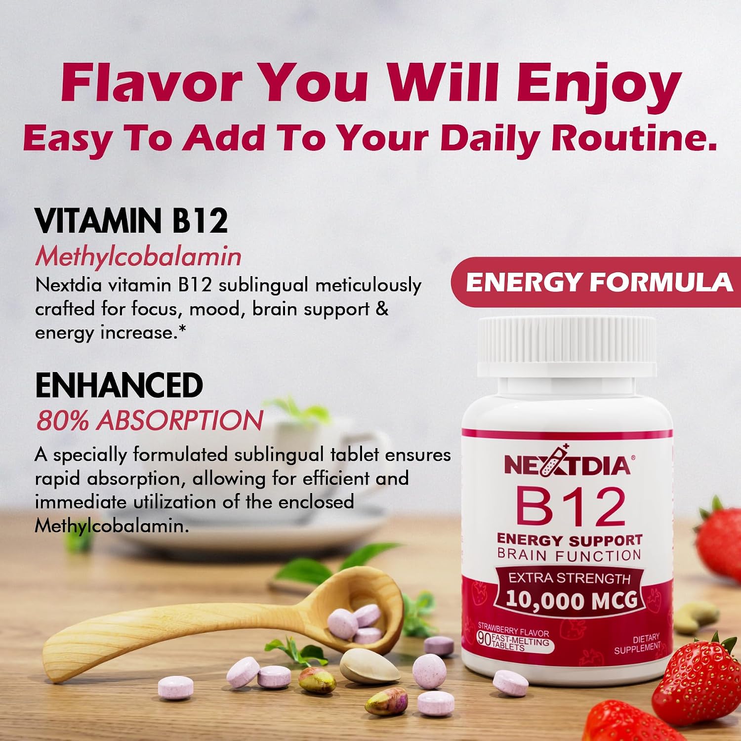 Methylated Vitamin B12 10,000 mcg Sublingual Tablets – Natural Strawberry Flavour, 180 Count - görsel 4