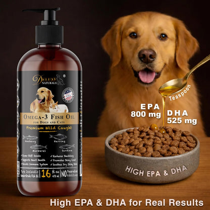 Deluxe Naturals Rich Omega-3 Fish Oil for Dogs & Cats - Wild-Caught EPA DHA Supplement, 473 ml