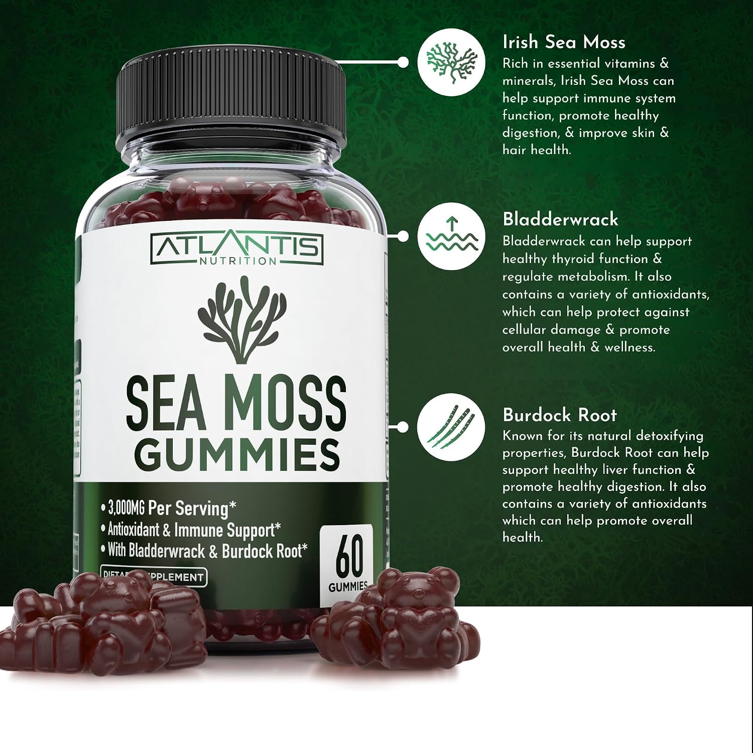 Irish Sea Moss Gummies - 3000mg - Sea Moss, Bladderwrack & Burdock Root - Antioxidant Superfood Supplement, 60 Gummies - görsel 3