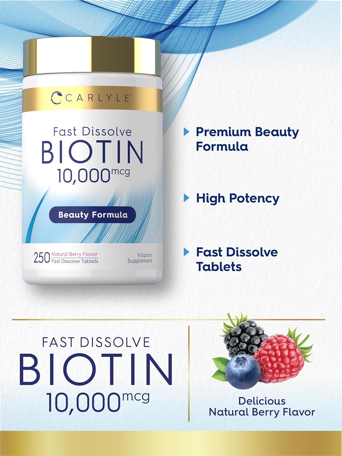 Carlyle Biotin 10000mcg Fast Dissolve Tablets, 250 Count - Max Strength, Vegetarian, Non-GM, Gluten-free - görsel 4