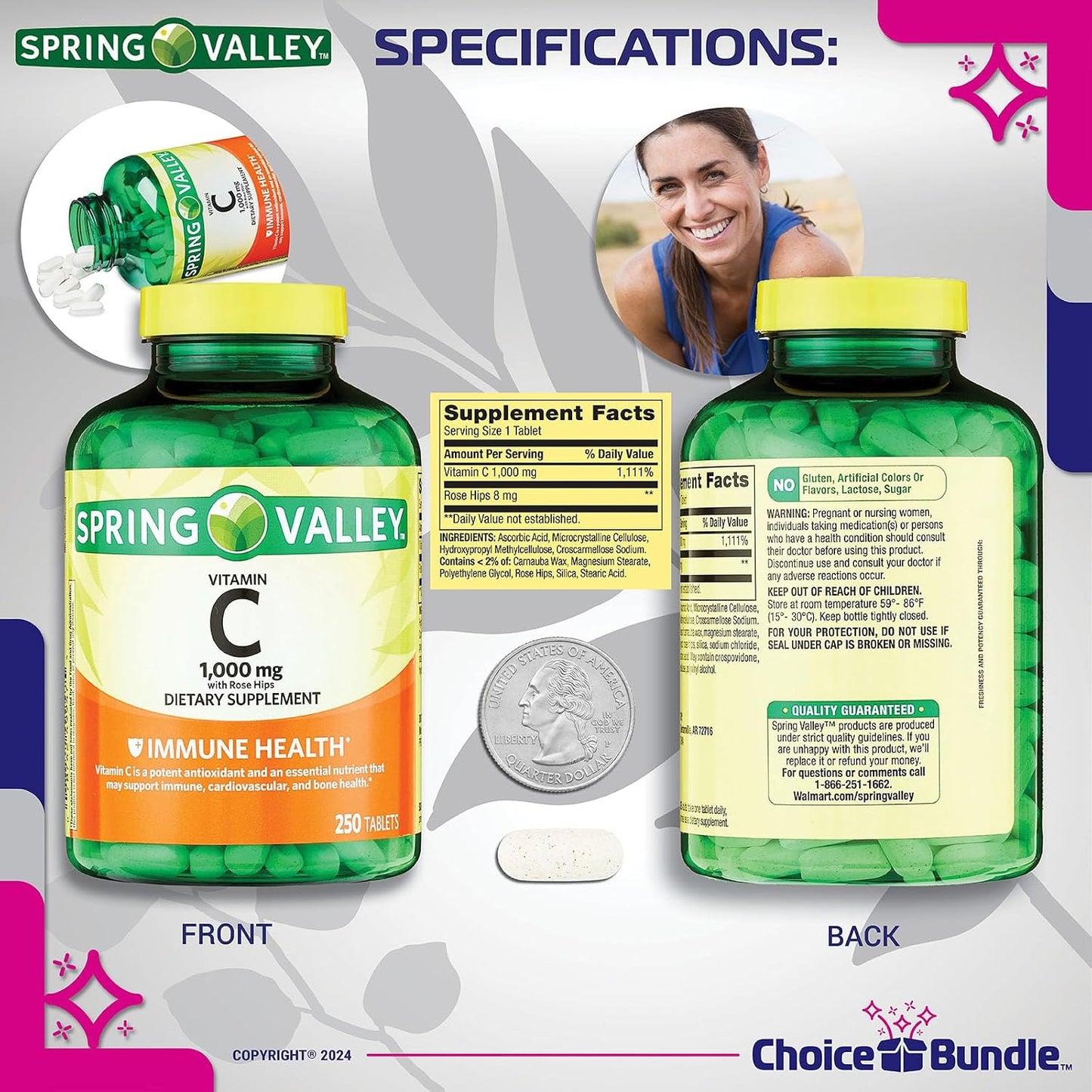 Spring Valley Vitamin C 1000 mg with Rose Hips – 250 Tablets + Bonus Guide & Pill Container - görsel 3