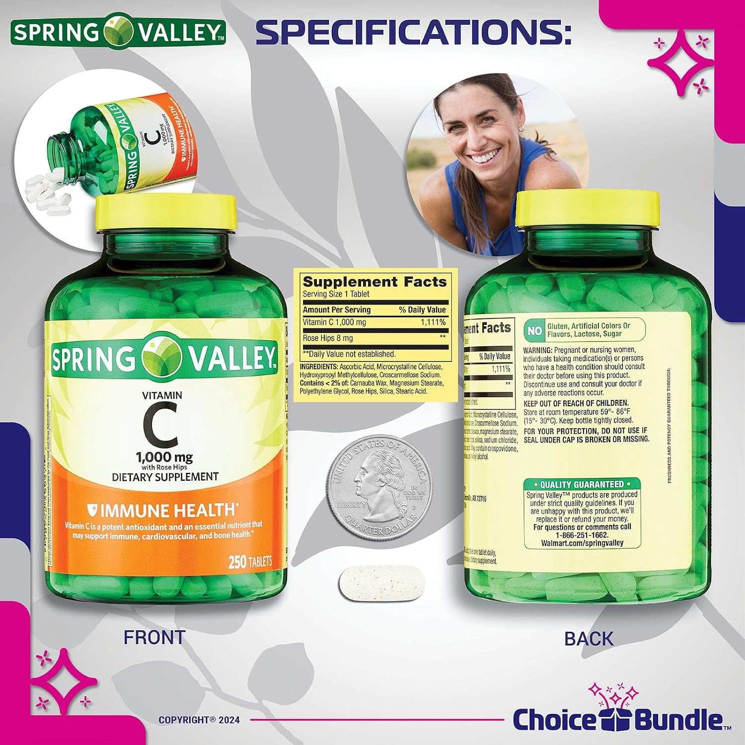 Spring Valley Vitamin C 1000 mg with Rose Hips – 250 Tablets + Bonus Guide & Pill Container - görsel 3