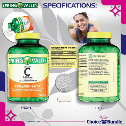 Spring Valley Vitamin C 1000 mg with Rose Hips – 250 Tablets + Bonus Guide & Pill Container