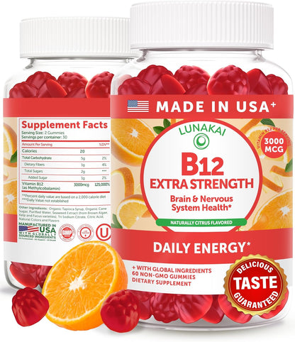 Lunakai USA-made Vitamin B12 Gummies 3000mcg - Methylcobalamin for Energy Metabolism & Nervous System Support - Non-GM Vegan - 6 Pack (60 Gummies per Bottle)