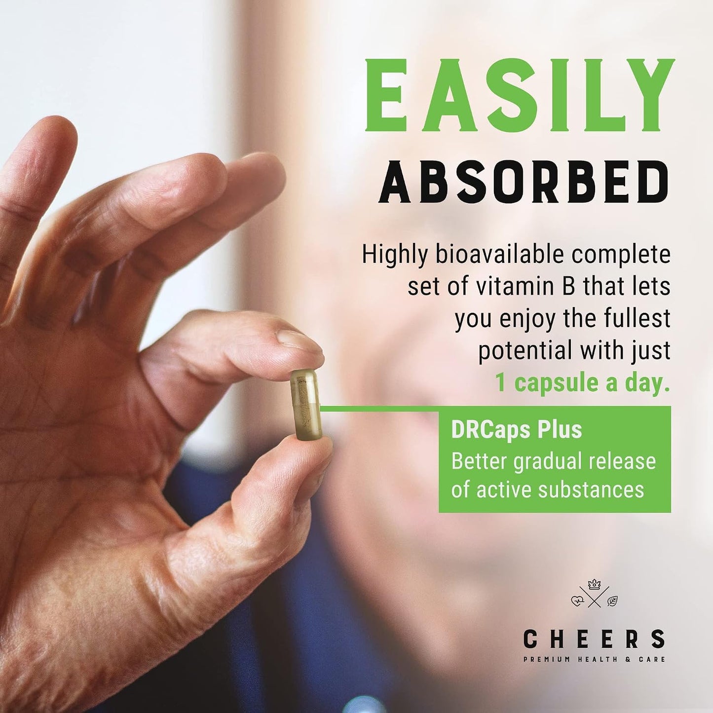 CHEERS Vitamin B Complex - 113.5mg Complete B Vitamins - Vegan, Non-GMO, DRcaps Plus - 60 Capsules - görsel 5