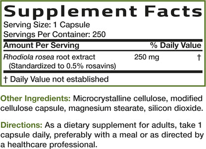 Bronson Rhodiola Rosea Vegetarian Capsules - Adaptogenic Herb for Stress and Mood Support, Non-GMO, 250 Capsules