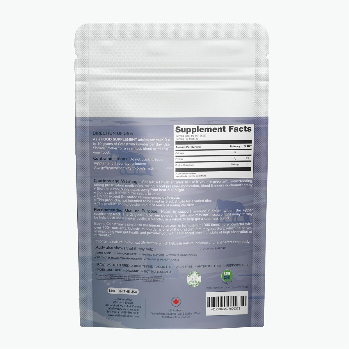 WELLNESS EXTRACT Bovine Colostrum Powder with Lactoferrin, Grass-Fed Organic Colostrum Supplement for Gut Health, Immune Support & Muscle Recovery, Rich in IgG & IgA, Unflavoured, 60 g - görsel 8