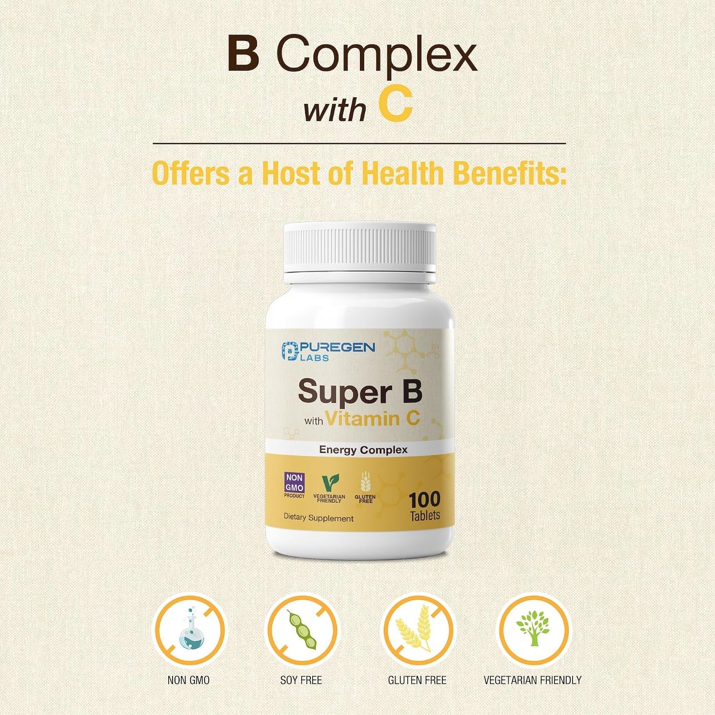 Puregen Labs Super B Energy Complex with Vitamin C - Immune Health, Energy & Nervous System Support - Non-GMO, Gluten-Free 100 Vegetarian Tablets - görsel 6
