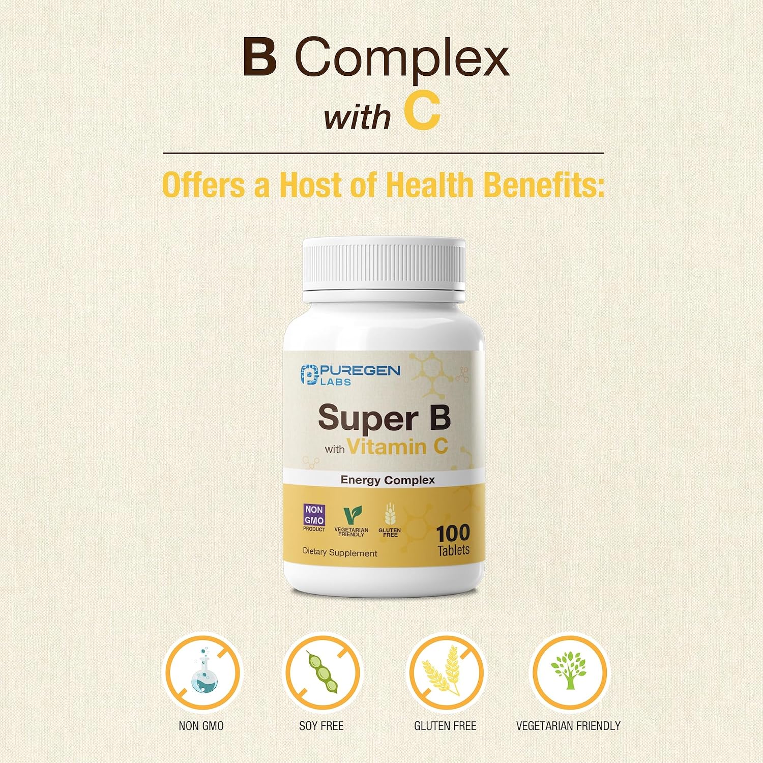 Puregen Labs Super B Energy Complex with Vitamin C - Immune Health, Energy & Nervous System Support - Non-GMO, Gluten-Free 100 Vegetarian Tablets - görsel 6