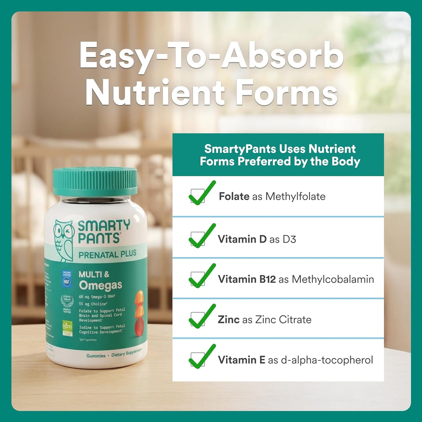 SmartyPants Prenatal Multivitamin Gummies with Omega-3 DHA/EPA, Methylfolate, Biotin, Vitamins D3, C, B12, B6, A, K, and Zinc, Gluten-free, Clean Labelled, Two Fruit Flavours, 90 Gummies (30 Day Supply) - görsel 6