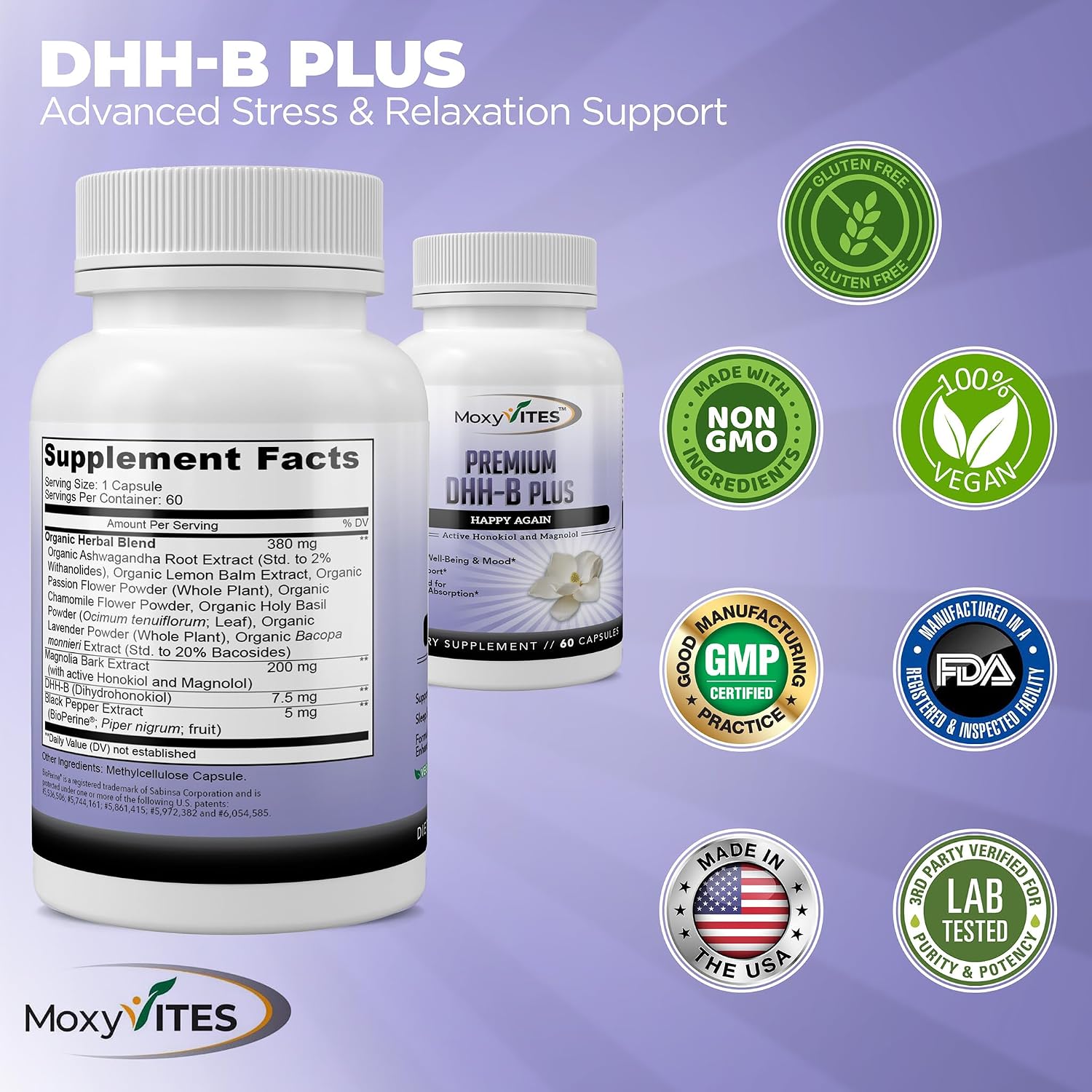 MoxyVites DHH-B Food Supplement – Bioactive Honokiol Magnolia Bark Extract for Cellular Health | Organic Ashwagandha & Herbs | 60 Vegan Capsules - görsel 6