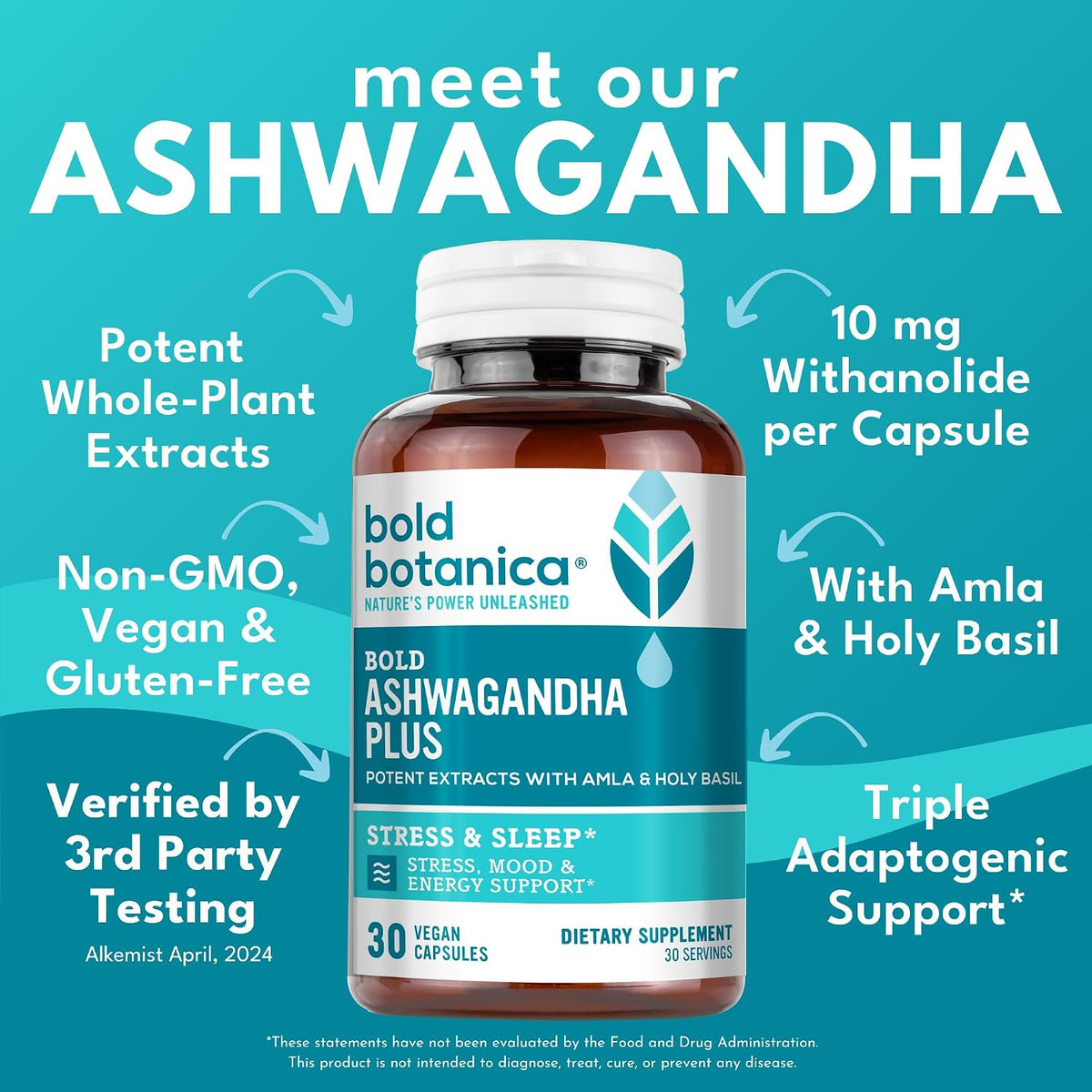 Bold Botanica Ashwagandha Plus – Food Supplement for Men & Women – Stress, Mood, Memory & Energy Support – Triple Adaptogenic Formula with Amla & Holy Basil, 1 Capsule Daily – 30 Vegan Capsules - görsel 3