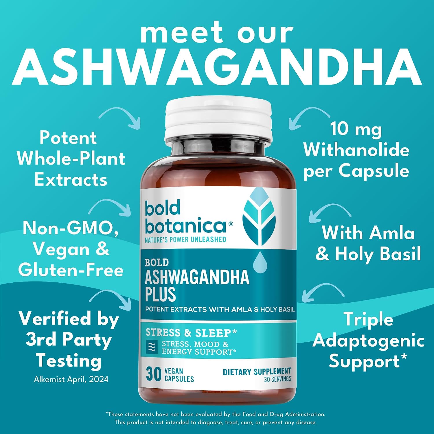 Bold Botanica Ashwagandha Plus – Food Supplement for Men & Women – Stress, Mood, Memory & Energy Support – Triple Adaptogenic Formula with Amla & Holy Basil, 1 Capsule Daily – 30 Vegan Capsules - görsel 3