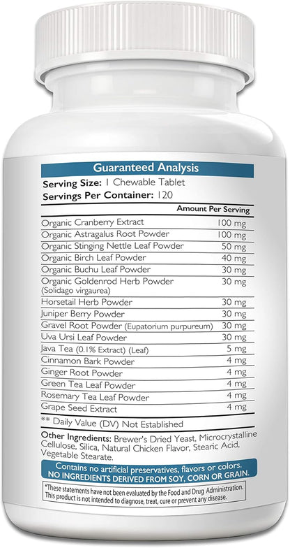 Kidney Support for Dogs – Organic Cranberry & Astragalus – Renal, Bladder & Urinary Tract Health Supplement – 120 Chewable Tablets