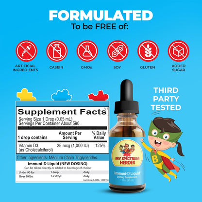 My Spectrum Heroes Immuni-D Liquid Vitamin D3 Supplement, 1000 IU, Gluten-Free, Tasteless, 30 ml