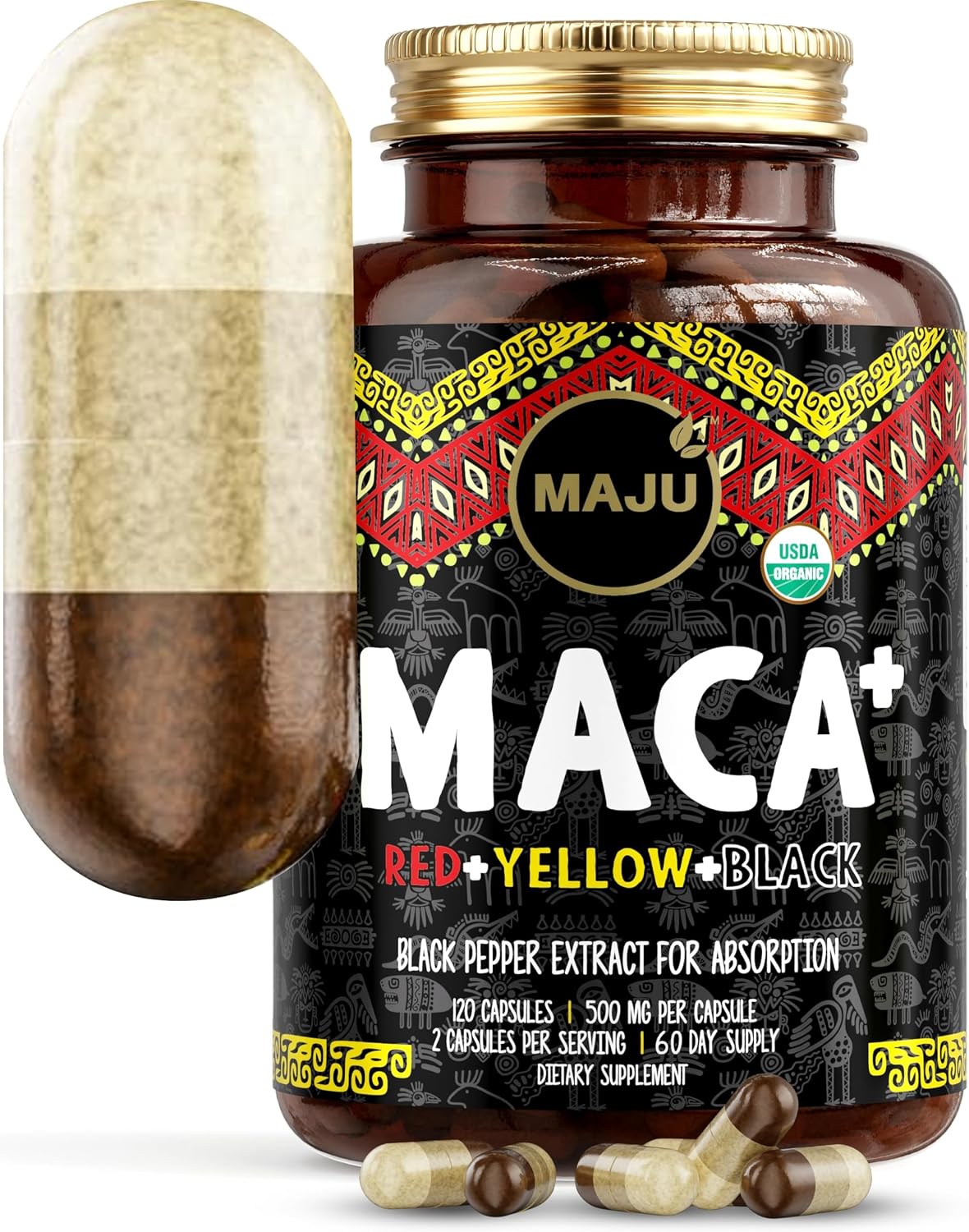 Maju Superfoods 4-in-1 Organic Maca Root Capsules - Black, Yellow & Red with Black Pepper Extract (120 Capsules) - görsel 1