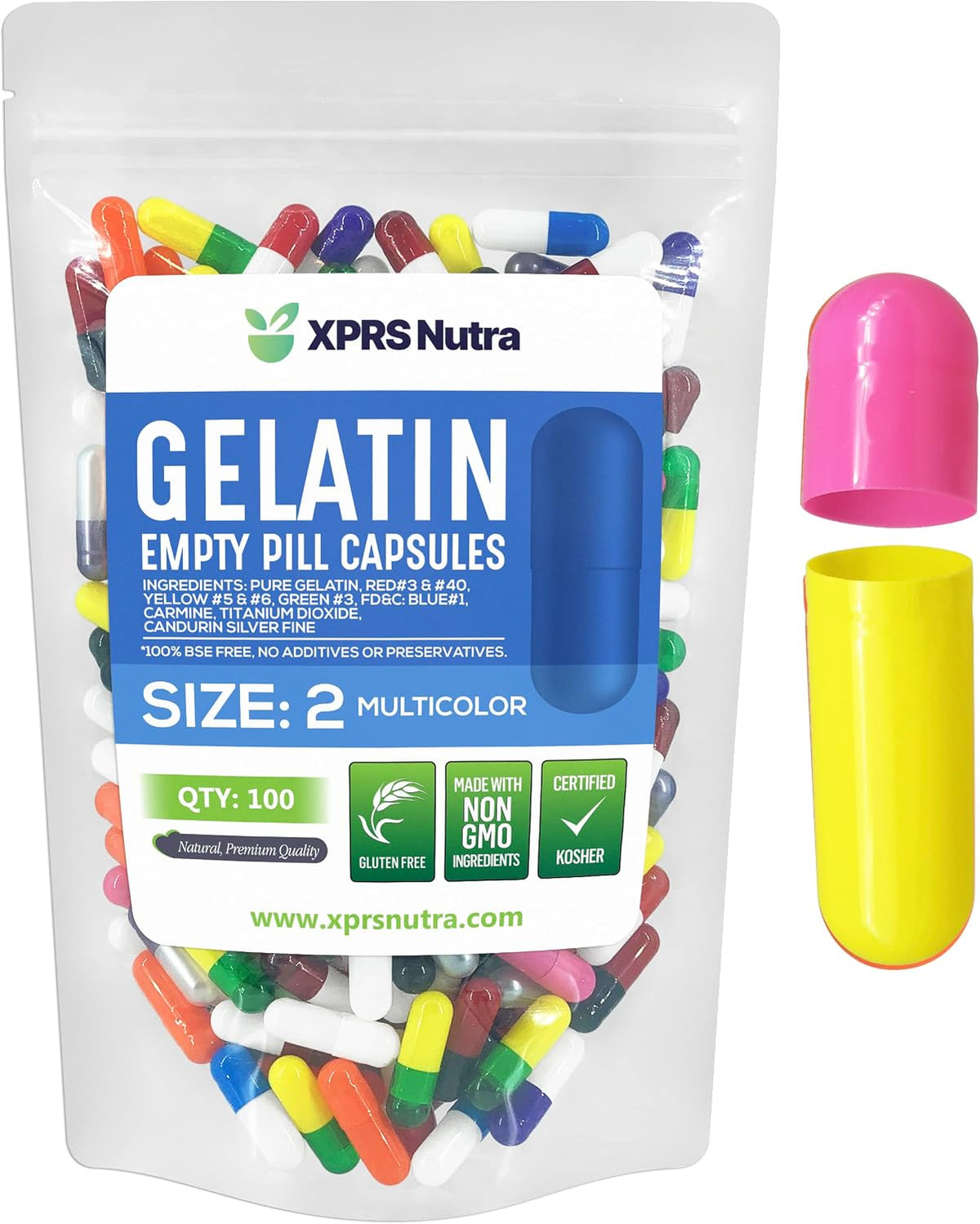 XPRS Nutra Size 2 Empty Gelatine Capsules - 100 Count - DIY Pill Filling - Pure Bovine Gel Caps (Multi Colour) - görsel 1