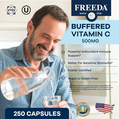FREEDA Vitamin C - Buffered Vitamin C 500mg - Kosher Vegan Capsules (250 Count)