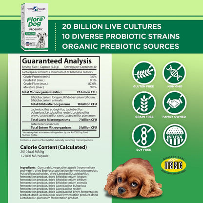 Vital Planet Flora Dog Probiotic Capsules for Dogs – 20 Billion Cultures & 10 Strains