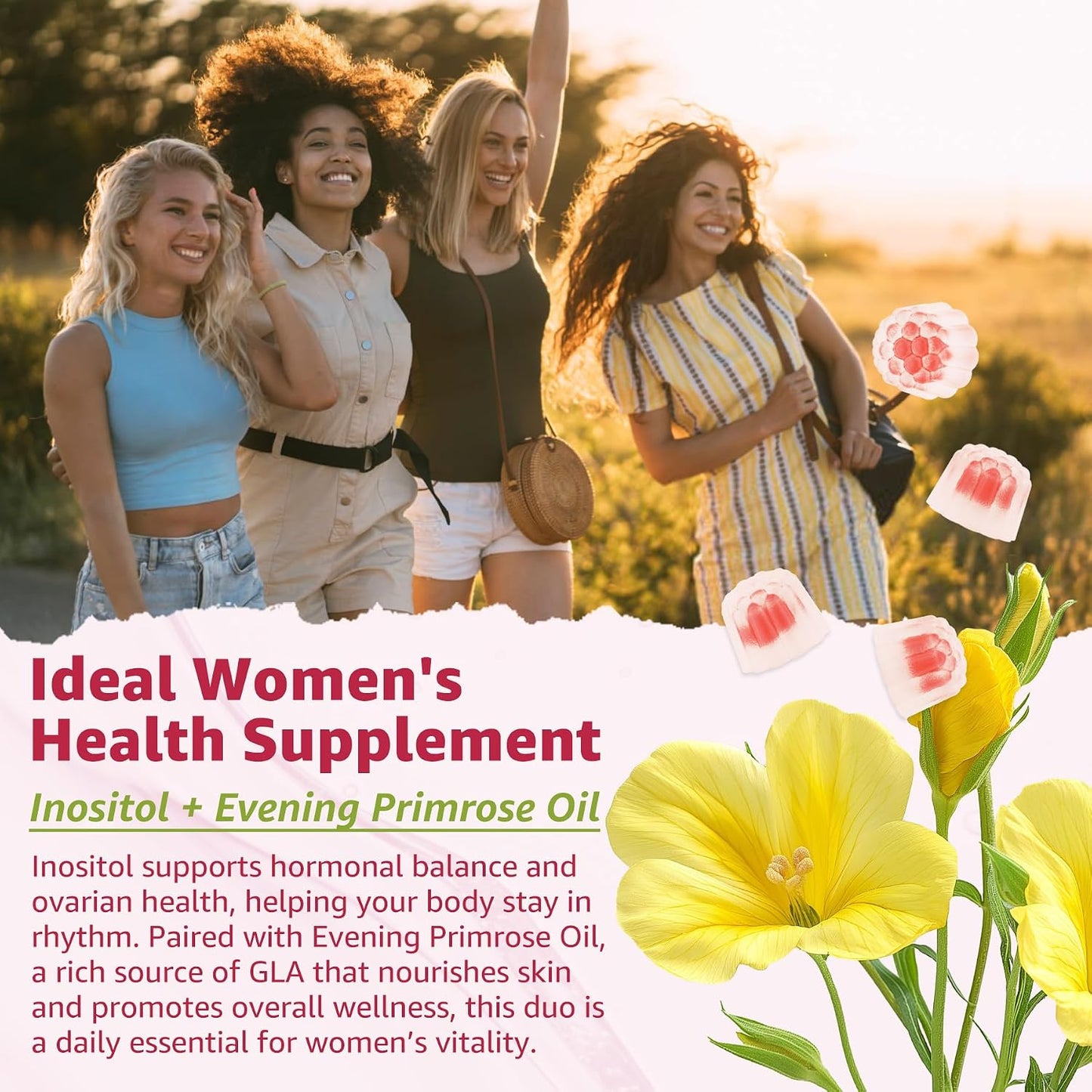 Nextdia Inositol Gummies with Evening Primrose Oil for Women - 40:1 Ratio Myo-Inositol 2000mg & D-Chiro Inositol 50mg with Vitamin D3, B6, B12 & Zinc, Sugar-Free, Vegan (60 Gummies) - görsel 5