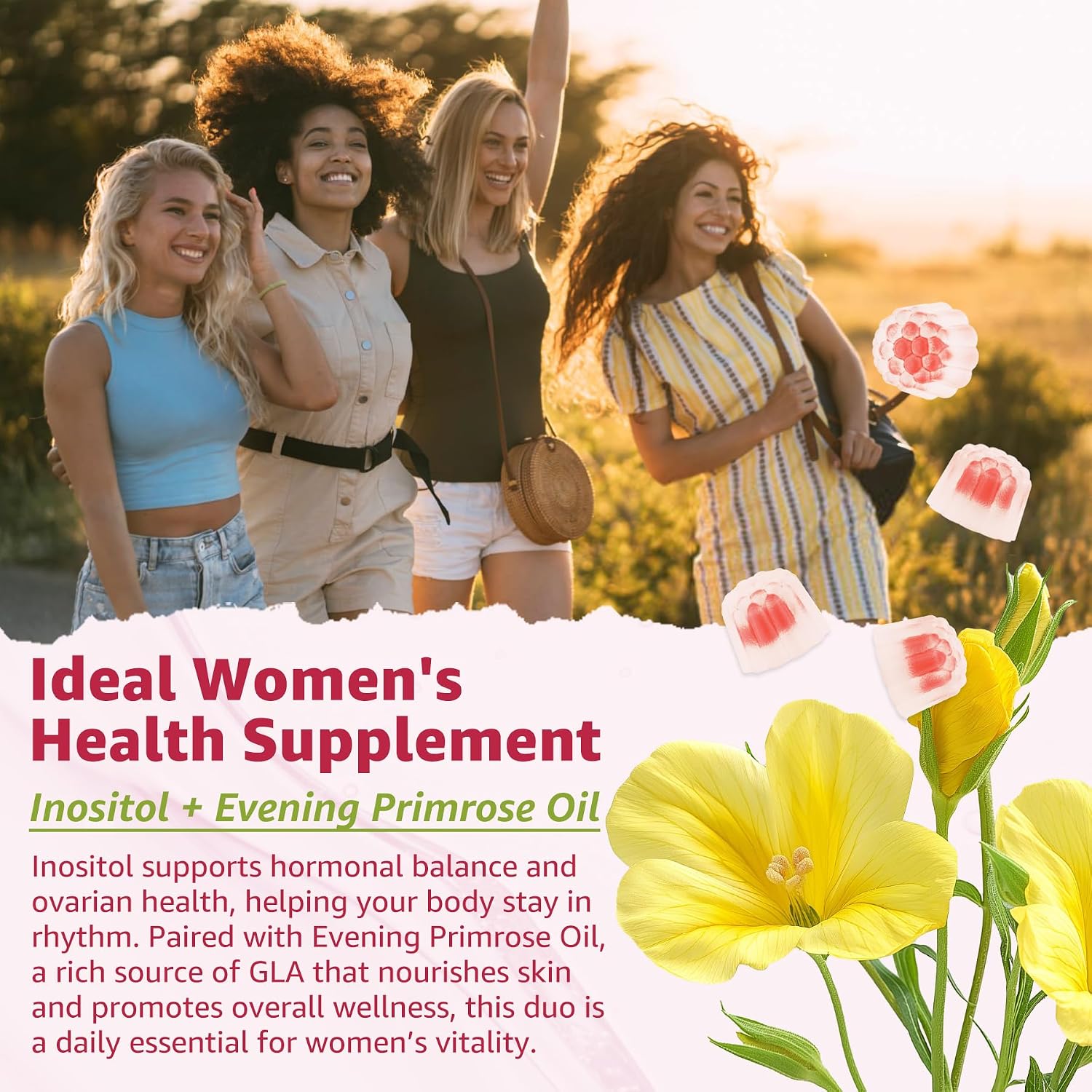 Nextdia Inositol Gummies with Evening Primrose Oil for Women - 40:1 Ratio Myo-Inositol 2000mg & D-Chiro Inositol 50mg with Vitamin D3, B6, B12 & Zinc, Sugar-Free, Vegan (60 Gummies) - görsel 5
