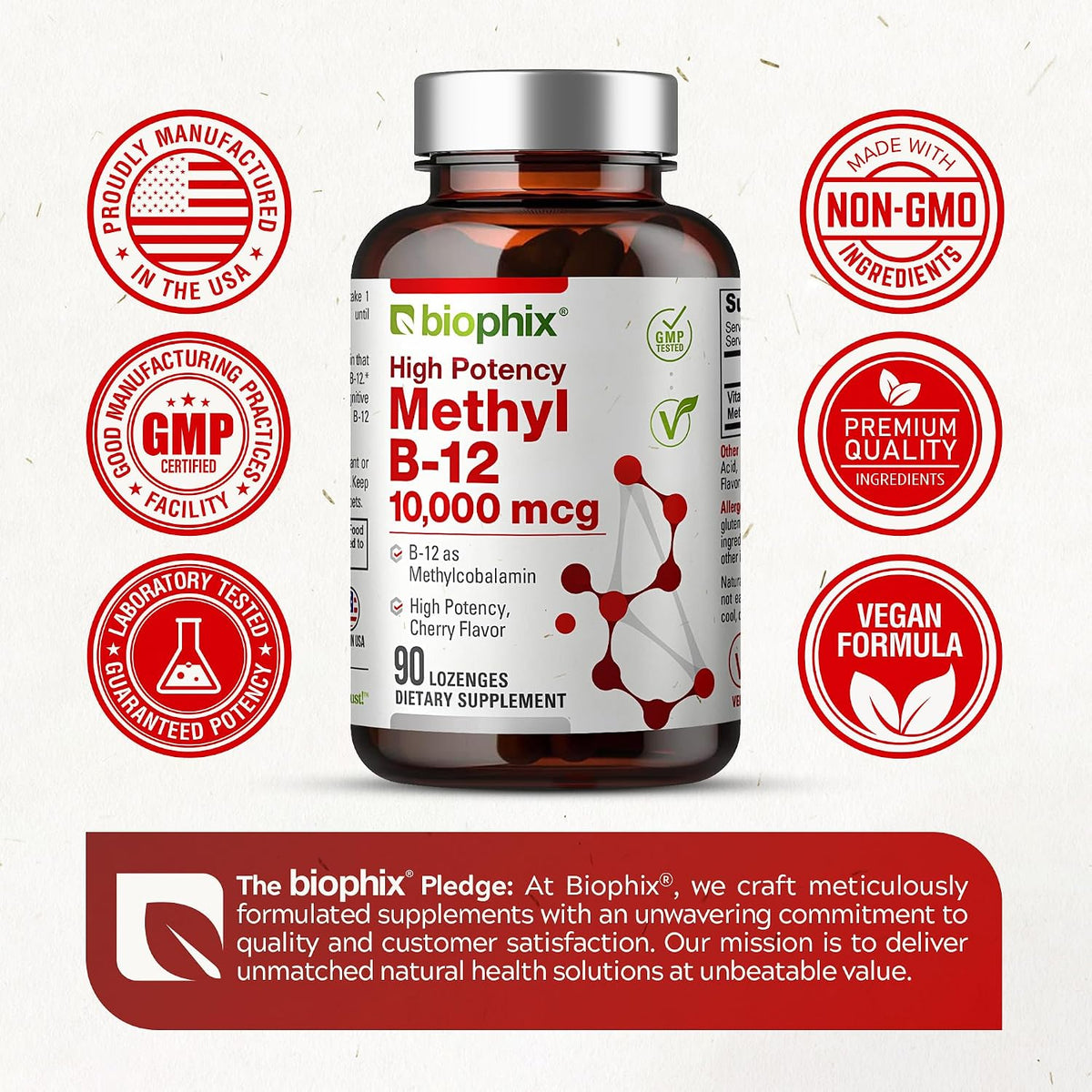 biophix Methyl B-12 10000 mcg 90 Vegan Lozenges Cherry Flavour Extra Strength - görsel 4