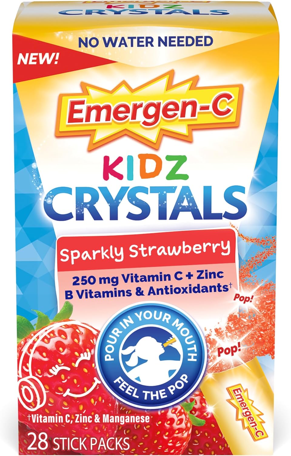Emergen-C Kidz Crystals, Sparkly Strawberry, Immune Support Supplement with Vitamin C, B Vitamins, Zinc and Manganese - 28 Stick Packs - görsel 1