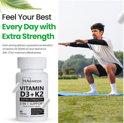 Vitamin D3 + K2 Extra Strength – 60 Capsules, High-Potency Bone & Heart Health Support, Non-GMO, Gluten-free