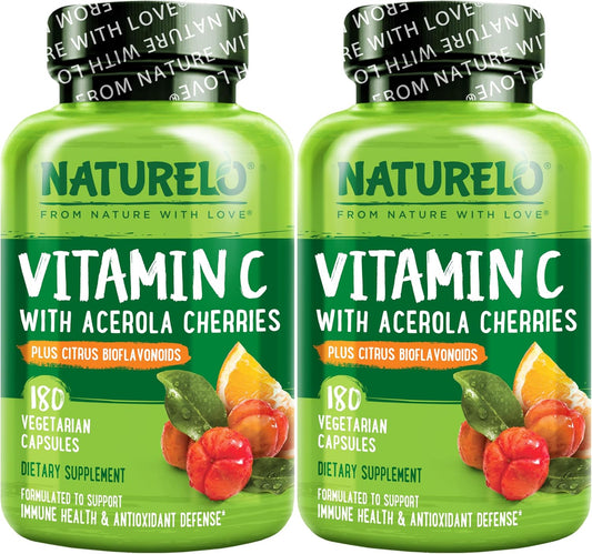 NATURELO Vitamin C with Organic Acerola Cherry Extract and Citrus Bioflavonoids - 500 mg per Capsule - Vegan - Non-GMO - 180 Capsules (Pack of 2)
