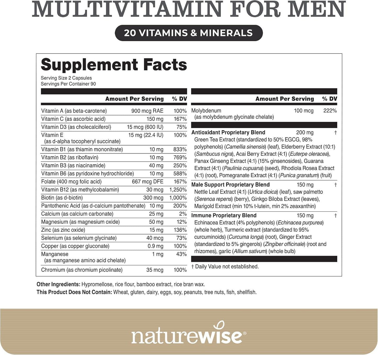 NatureWise Multivitamin for Men - Daily Male Support with Minerals & Herbs for Energy, Performance, Immunity - Soya & Gluten-free, Non-GM - 180 Capsules (3-Month Supply) - görsel 3