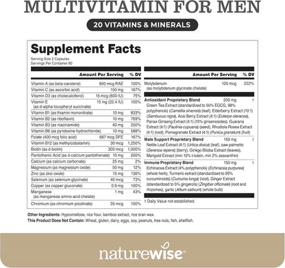 NatureWise Multivitamin for Men - Daily Male Support with Minerals & Herbs for Energy, Performance, Immunity - Soya & Gluten-free, Non-GM - 180 Capsules (3-Month Supply)
