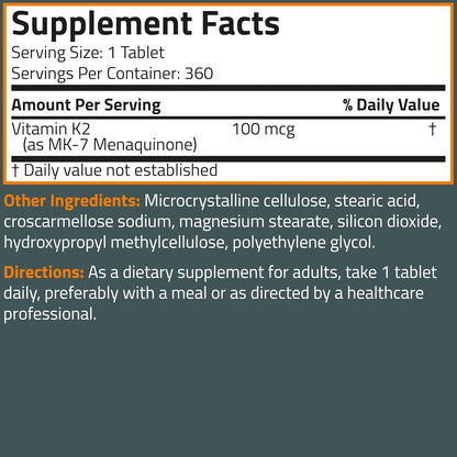 Bronson Vitamin K2 MK-7 100 MCG, K2 as MK7 Menaquinone, Bone Support, 360 Tablets