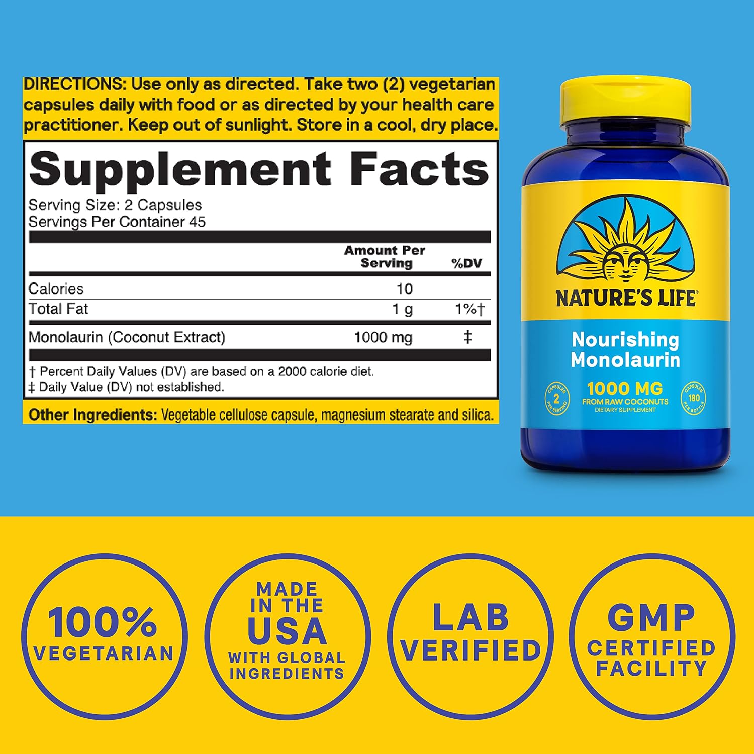 Nature's Life Monolaurin 1000 mg, Nourishing Monolaurin from Natural Raw Coconut, Immune Support Food Supplement, Gut Health, Balanced Gut Flora, 90 Servings, 180 Vegetarian Capsules - görsel 2