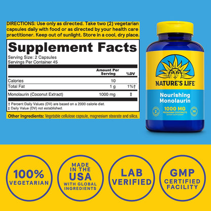 Nature's Life Monolaurin 1000 mg, Nourishing Monolaurin from Natural Raw Coconut, Immune Support Food Supplement, Gut Health, Balanced Gut Flora, 90 Servings, 180 Vegetarian Capsules