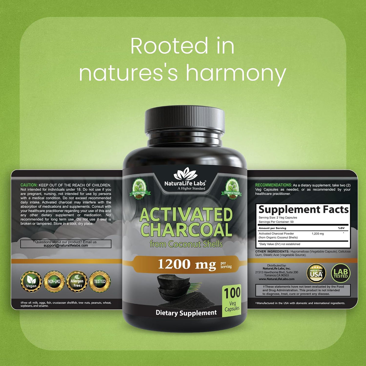 NaturaLife Labs Activated Charcoal 1200 mg - 100 Vegan Capsules (Coconut Shell) - görsel 8