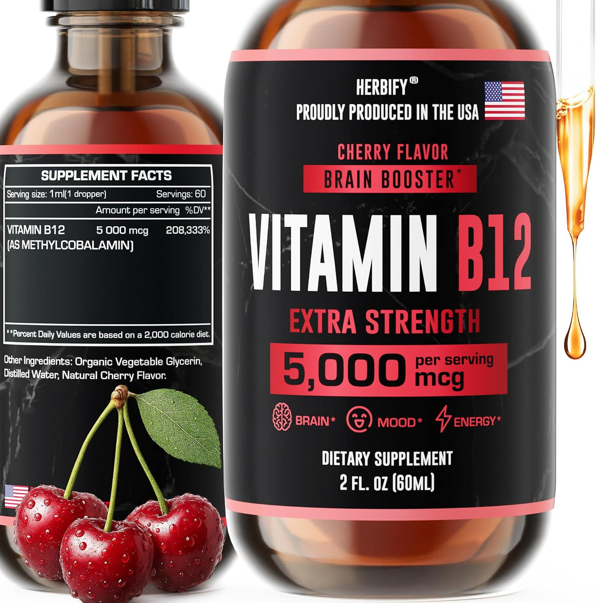 HERBIFY Vitamin B12 Methylated Multivitamin Energy Drops – 5000 mcg Methylcobalamin, 60 ml - görsel 1