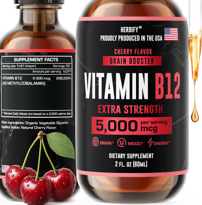 HERBIFY Vitamin B12 Methylated Multivitamin Energy Drops – 5000 mcg Methylcobalamin, 60 ml