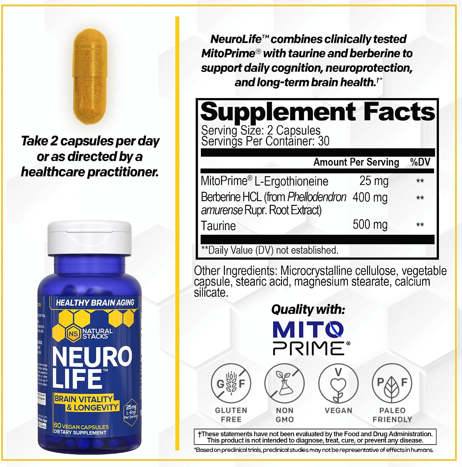 NeuroLife Longevity Supplement - 500mg Taurine & 400mg Berberine - with MitoPrime L-Ergothioneine - 60 Capsules - görsel 2