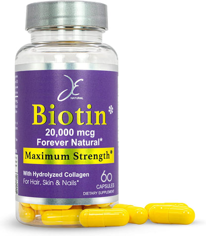 JE Natural Biotin 20,000 mcg Maximum Strength with Vitamin C and Collagen - Hair, Skin and Nails Support - 60 Capsules