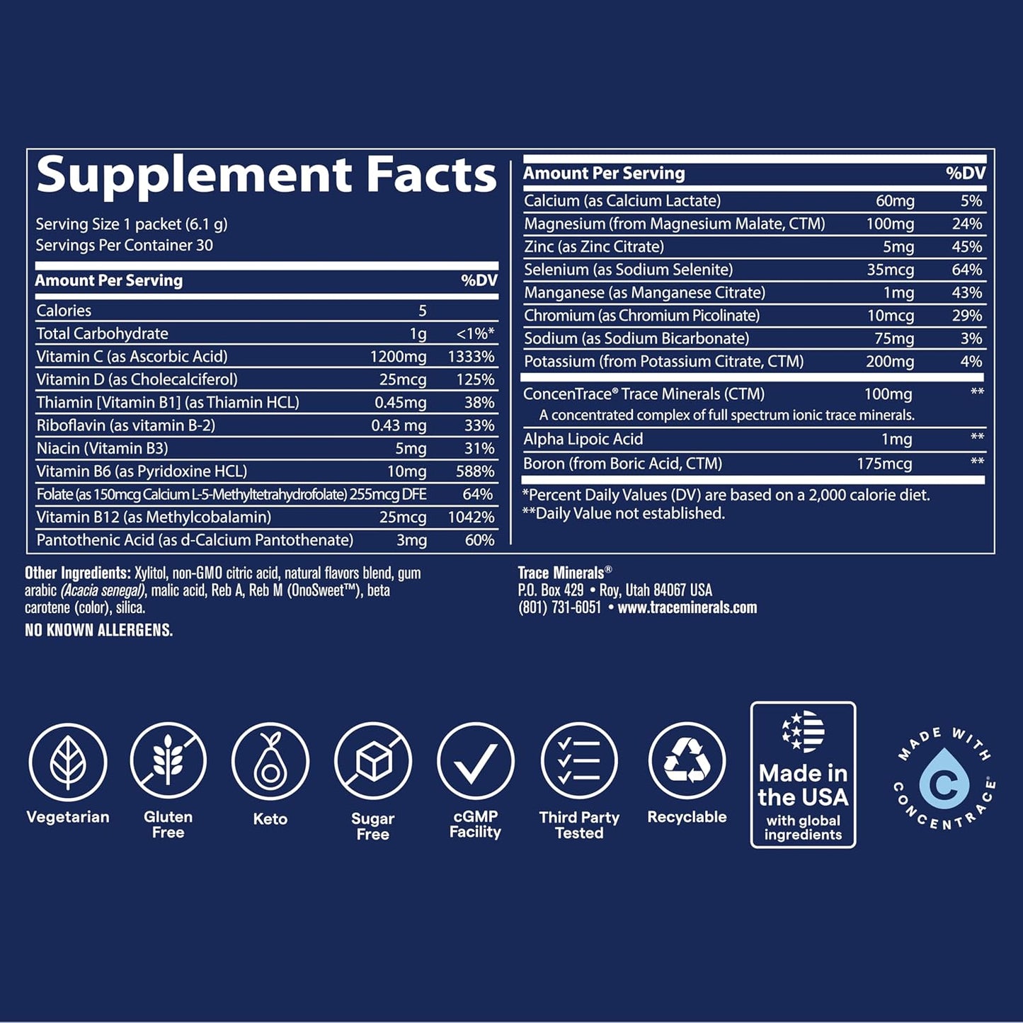 Trace Minerals Power Pak Multivitamin and Multimineral Packets - 1200 mg Vitamin C, 70+ Trace Minerals, Electrolyte Support - Sugar Free - Citrus Flavour - 30 Packets - görsel 3