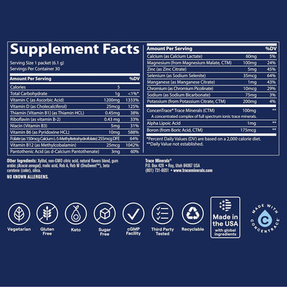 Trace Minerals Power Pak Multivitamin and Multimineral Packets - 1200 mg Vitamin C, 70+ Trace Minerals, Electrolyte Support - Sugar Free - Citrus Flavour - 30 Packets