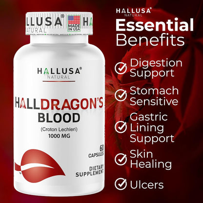 Dragon’s Blood Capsules 1000mg, Croton Lechleri Extract (Sangre de Drago, Sangre de Grado) Natural Digestion Support, Skin Healing, Ulcers, Stomach Sensitivity, Scarring, Antioxidant Support, 60 Capsules