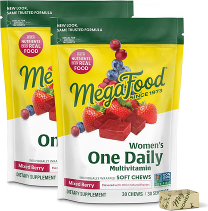 MegaFood Multivitamin for Women, One Daily Multivitamins, Soft Chews with Folate, Methylated B12, Vitamin B6, Biotin, Vitamin D3, C & A - Mixed Berry Flavour - Vegetarian, Non-GMO - 30 Chews, Pack of 2