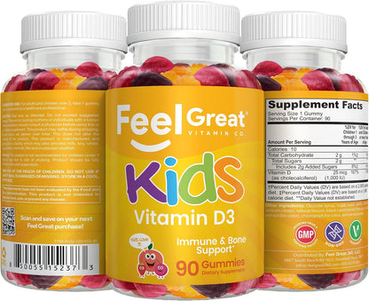 Feel Great Kids Vitamin D3 1000 IU Gummies – Citrus Flavoured, Vegetarian, 90 Count