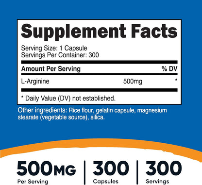 Nutricost L-Arginine 500mg, 300 Capsules - Gluten-free and Non-GM