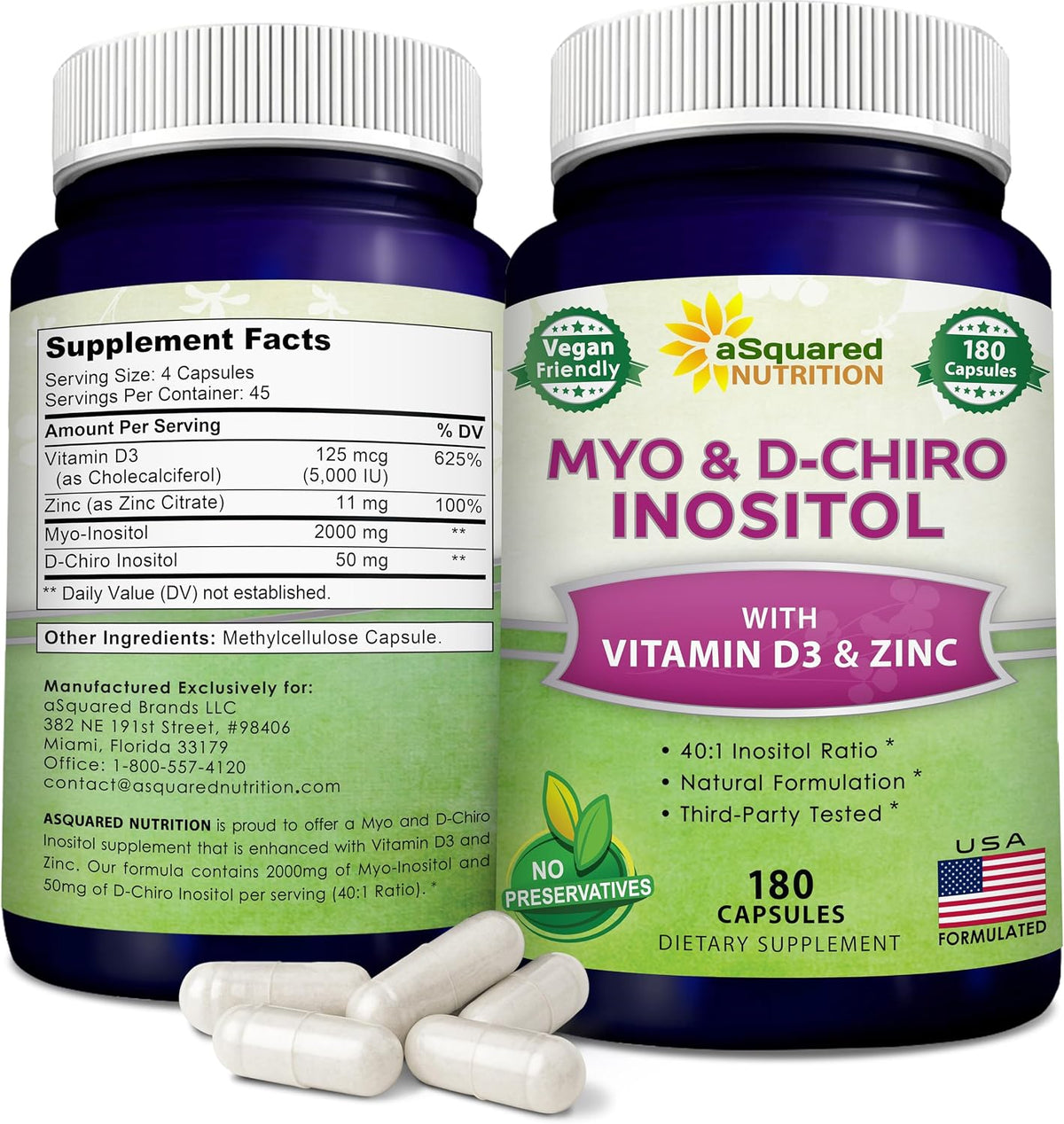 aSquared Nutrition Myo-Inositol & D-Chiro Inositol Supplement - 40:1 Ratio with Vitamin D3 and Zinc - 180 Capsules - görsel 1