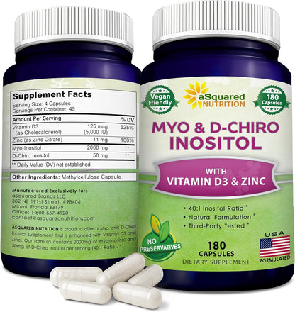 aSquared Nutrition Myo-Inositol & D-Chiro Inositol Supplement - 40:1 Ratio with Vitamin D3 and Zinc - 180 Capsules